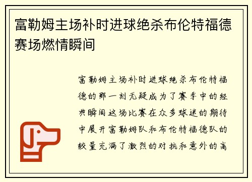 富勒姆主场补时进球绝杀布伦特福德赛场燃情瞬间